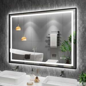 LED Bathroom Mirror Black Frame, Front Light and Backlit, Stepless Dimmable,